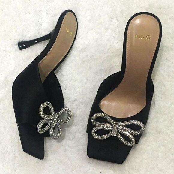 RARE MANGO Bow Rhinestone Heels NWT | Black Square Toe | Sz 7.5 & 9 - Picture 8 of 12